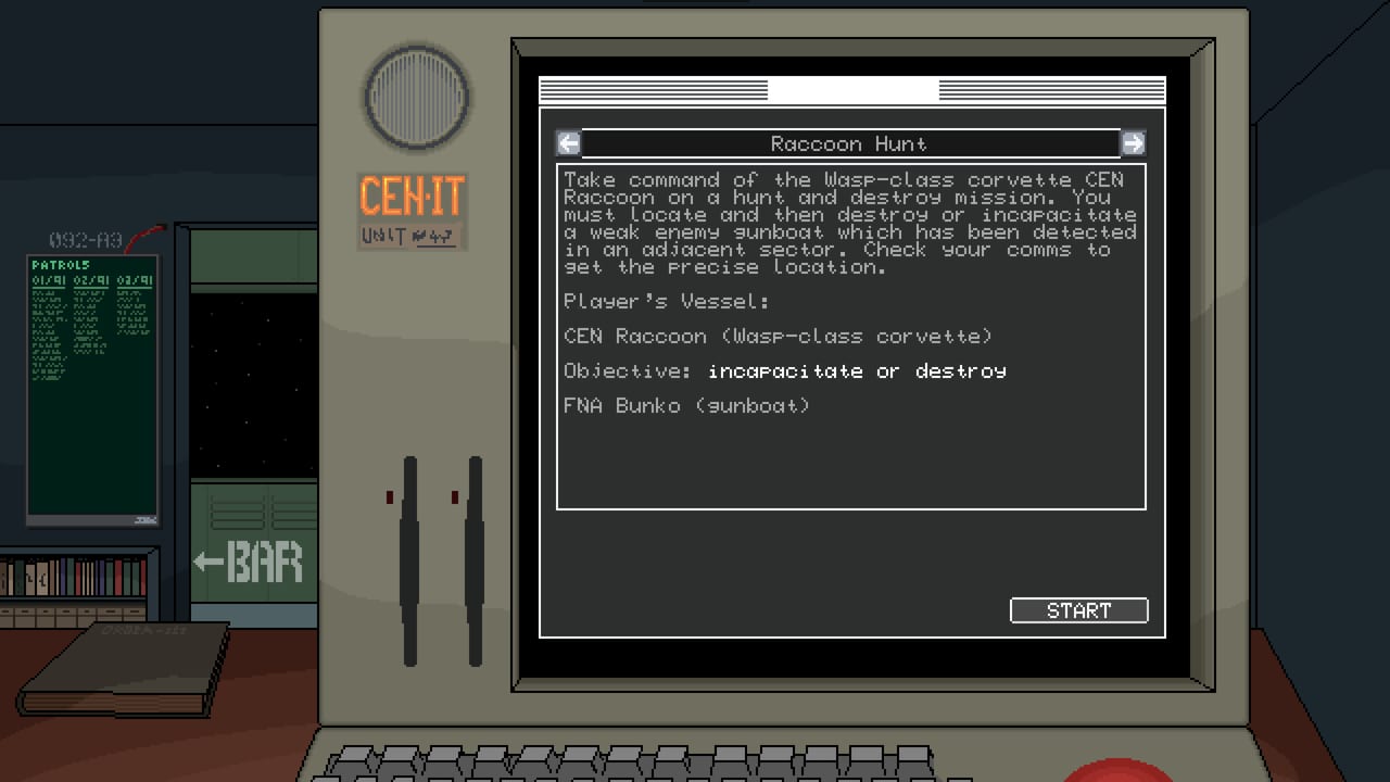 Deck Conn CEN-IT briefing terminal sending a Wasp-class corvette to incapacitate or destroy a gunboat